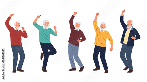 Group of active elderly men showing their vitality by dancing with joy and enthusiasm in various energetic and fun poses.