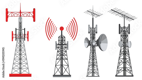 Various types of telecommunication towers and radio antennas designed for transmitting signals across vast distances for connectivity.