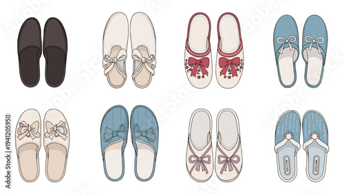 Assorted collection of comfortable indoor slippers for women featuring various colors, bows, and decorative floral patterns.