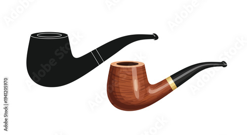 Two tobacco pipes one black and one brown presented in a side view