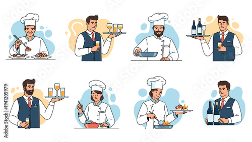 Diverse set of illustrations featuring professional chefs and waiters working together to provide high quality dining experiences.