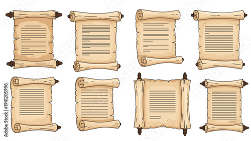 Extensive collection of ancient paper scrolls in various unrolled positions featuring vintage text styles for historical design work.