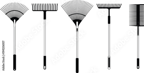 Garden rake tools set silhouette vector illustration including leaf rake, bow rake and hand rake for gardening, landscaping, yard cleanup and lawn maintenance concept