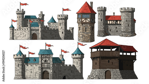 Detailed illustrations of various medieval castle structures and fortified stone towers perfect for history or fantasy themes.