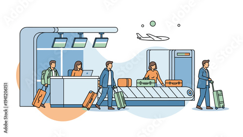 Airport passenger check-in and security screening process with people carrying luggage and conveyor belt system illustration.
