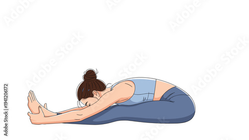 Young woman practicing yoga in a seated forward fold stretch pose on a white background for health and fitness design.