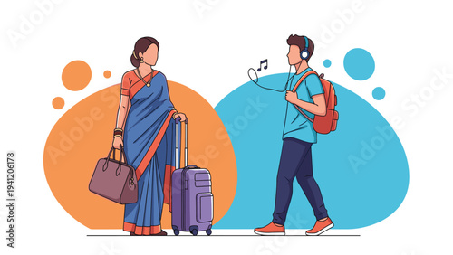 Diverse travelers at a station with a woman in a traditional sari and a young man with a backpack and headphones on color background.