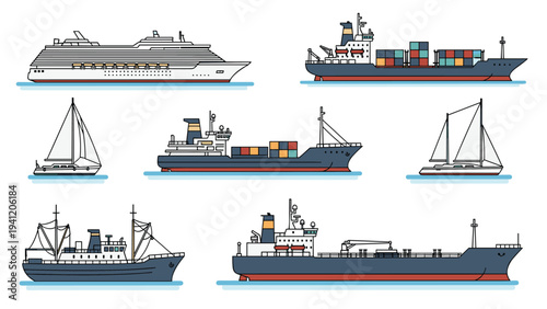 Sea transportation ships collection including cargo vessel cruise liner sailboat tanker and fishing boat on the water.