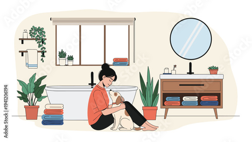 Young woman relaxingly sitting on a bathroom floor hugging her dog next to a bathtub and modern vanity unit in home interior.