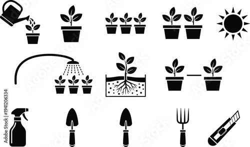 Gardening and plant care icon set with watering can, seedlings, sun, spray bottle and hand tools, silhouette vector illustration for garden maintenance concept