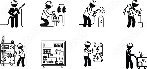 Industrial workers and electricians icon set showing welding, electrical panel repair and maintenance tasks, silhouette vector illustration for engineering and construction industry concept