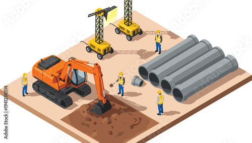 Construction site illustration with excavator, workers in safety vests, concrete pipes, civil engineering infrastructure project concept – flavector
