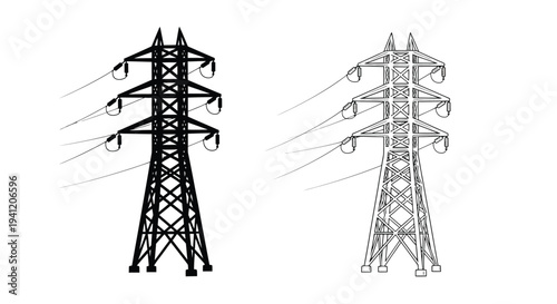 Two electrical transmission towers one solid black and one white outline