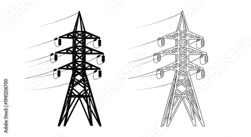 Two electrical transmission towers depicted in a minimalist black and white style