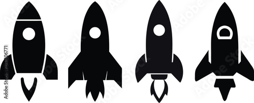 Four Silhouette Space Rockets Launching Upwards, Representing Startups, Innovation, and Exploration in Black and White