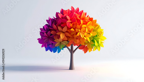 Colorful leaf tree 3D render against white backdrop in low poly style for stock use