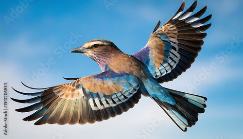 Obraz na płótnie Lilac breasted roller bird flying in blue sky with iridescent feathers spread wi