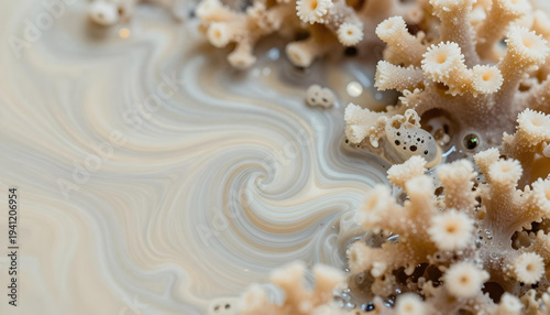 Close-up macro shot of delicate coral structures with swirling liquid patterns in neutral tones