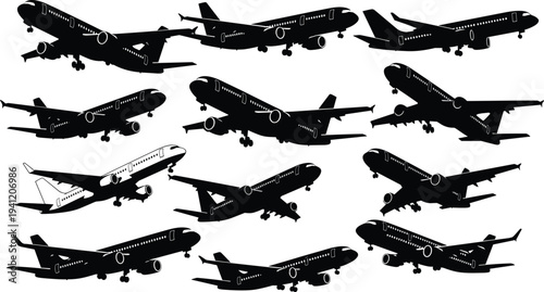 Silhouettes of airplanes in diverse orientations, aviation design, aircraft icons, flying machines, transportation vector, aviation industry, travel, flight, air transport illustration