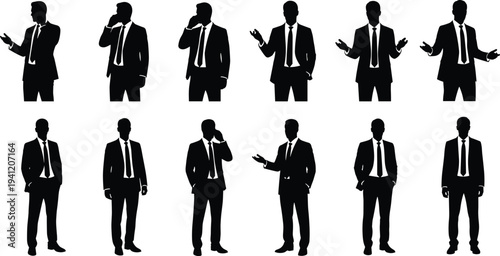 Silhouettes of businessmen in suits, professional poses with gestures, phone use, standing postures, showcasing communication and corporate demeanor