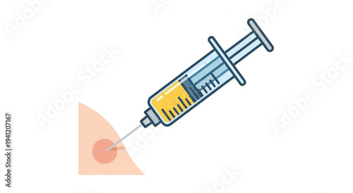 Medical syringe injecting into skin with red spot vaccination or injection concept