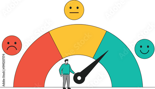 Customer satisfaction feedback meter illustration with happy, neutral, sad emoticons, sentiment analysis, employee engagement survey concept – flavector