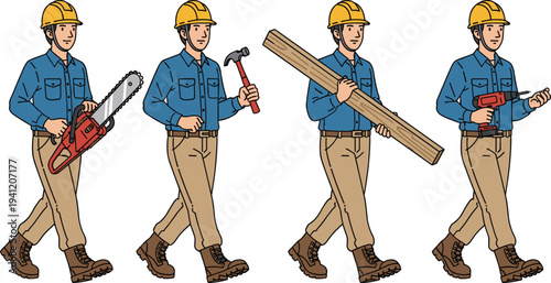 Construction worker illustration with hard hat, tools, chainsaw, hammer, planks, power drill, safety gear, building industry concept – flavector