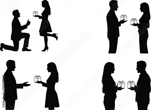 Silhouettes of couples proposing and exchanging gifts, romantic gestures, celebratory interactions, showcasing love, connection, and interpersonal bonds
