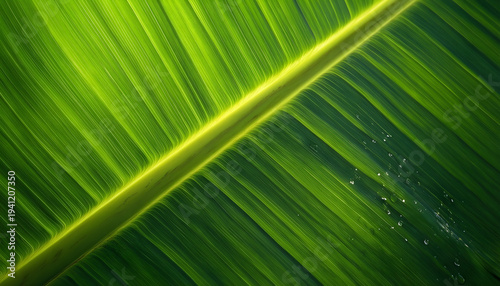 Close-up macro shot of a vibrant green banana leaf with visible veins and water droplets
