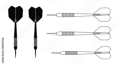 Black and white illustration of three darts with detailed flight and point features