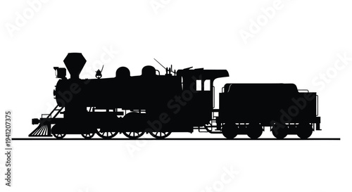 Silhouette of a vintage steam locomotive against a white background