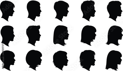 Silhouettes of diverse human head profiles, different hairstyles, facial outlines, demographic representation, anonymous figures, hairstyle variation illustration design