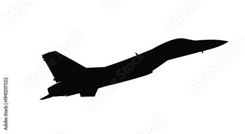 Silhouette of a fighter jet in flight against a plain white background