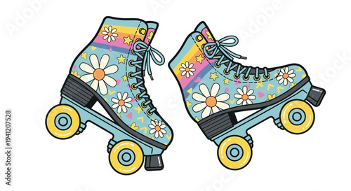 A pair of brightly patterned retro roller skates featuring yellow wheels daisy motifs and rainbow stripes are neatly arranged on a simple off-white surface, Generative AI.