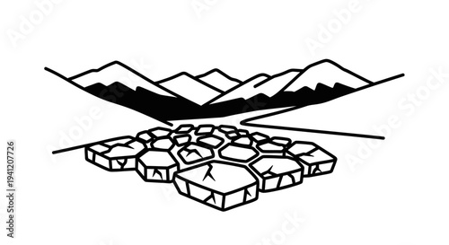 Stylized graphic illustration of geometric ice floes or rock formations with a distant mountainous