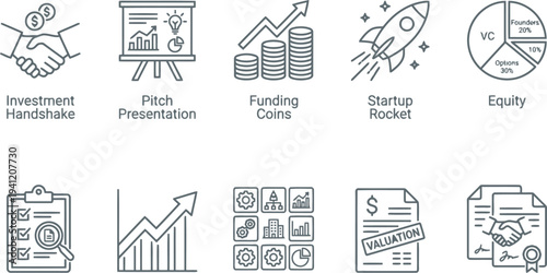 Startup business funding icons set with investment pitch equity and growth concepts