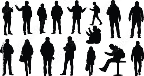 Silhouettes of diverse people standing, walking, sitting, using mobile devices, gesturing, and interacting in urban lifestyle communication scenes