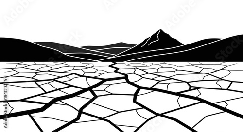 Stylized illustration showcasing a parched earth with deep cracks stretching towards distant