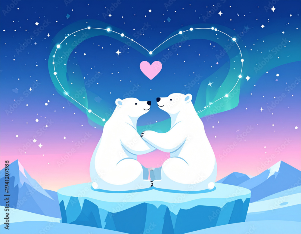 Fototapeta premium Polar Bears Heart Aurora Sky