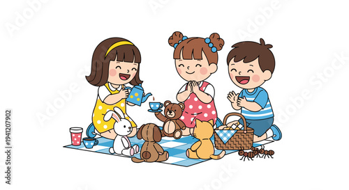 Three cheerful children are enjoying a pretend tea party with stuffed animals on a checkered picnic blanket against a clean white background, Generative AI.