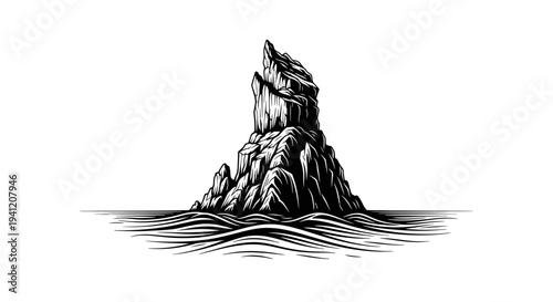 Striking black and white illustration of a jagged sea stack rising majestically from stylized