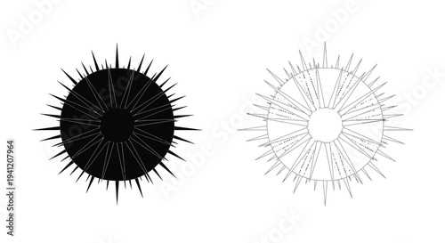 Two circular designs a filled black sunburst and a white line radial pattern