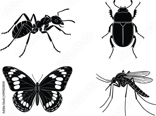 Insect silhouette illustration set with ant, beetle, butterfly, mosquito, biology entomology education vector art concept – flavector