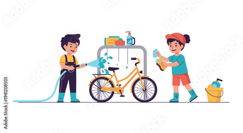 Two enthusiastic children a boy and a girl are diligently washing a bright yellow bicycle with a hose and a sponge, Generative AI.