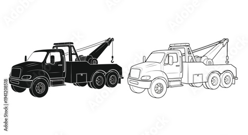 Two tow trucks one solid black and one outlined shown in a side view