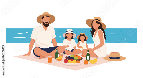 A happy family of four wearing straw hats enjoys a summer picnic with fresh fruits and drinks on a blanket by the calm blue sea, Generative AI.