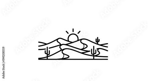 Desert landscape with mountains cacti and sunrise in minimalist line art style