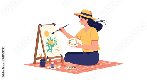 A creative young woman wearing a straw hat is sitting on a picnic blanket engrossed in painting a vibrant landscape on an easel, Generative AI.