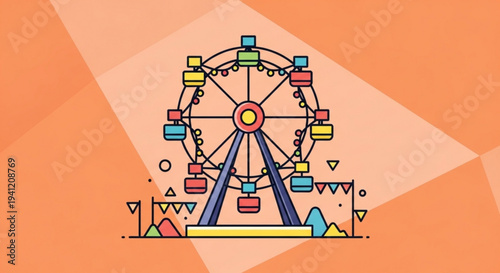 Colorful ferris wheel with seats on vibrant orange background with geometric shapes and flags