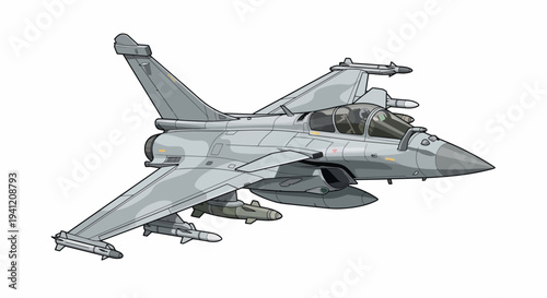 A military fighter jet soars through the sky with missiles attached underneath